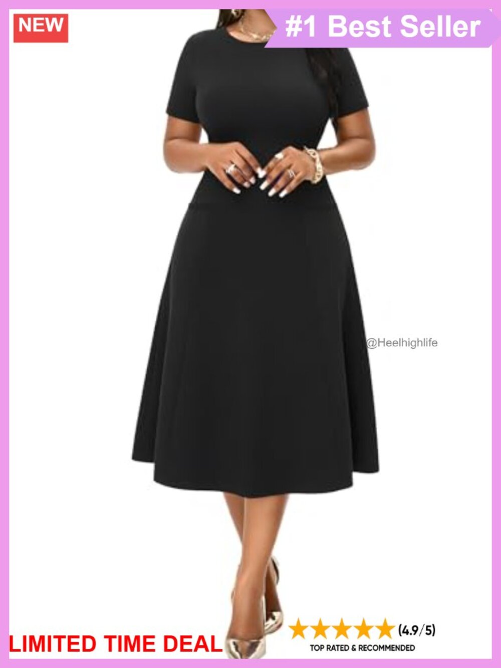 Nmoder A-line Midi Dress Short Sleeve Crew Neck Pockets Casual Church